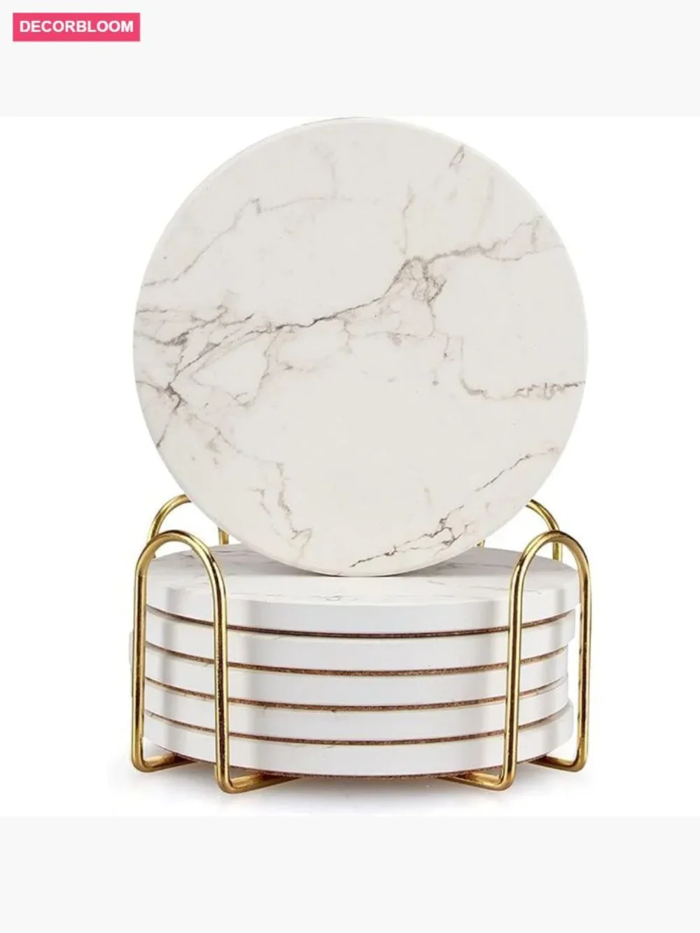 6 Piece Absorbent Ceramic Coaster Set with Gold Metal Holder Non-Slip Cork Back